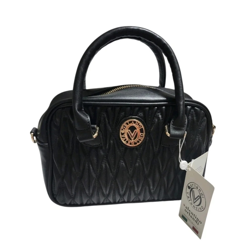 NWT Valentino Orlandi Black Quilted Leather Crossbody Satchel Gold V Logo